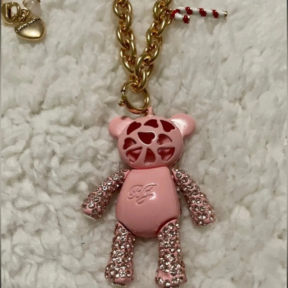 BETSEY JOHNSON Christmas Teddy Bear Pink Inlay Crystal Necklace Belly Charms NWT - Picture 5 of 9